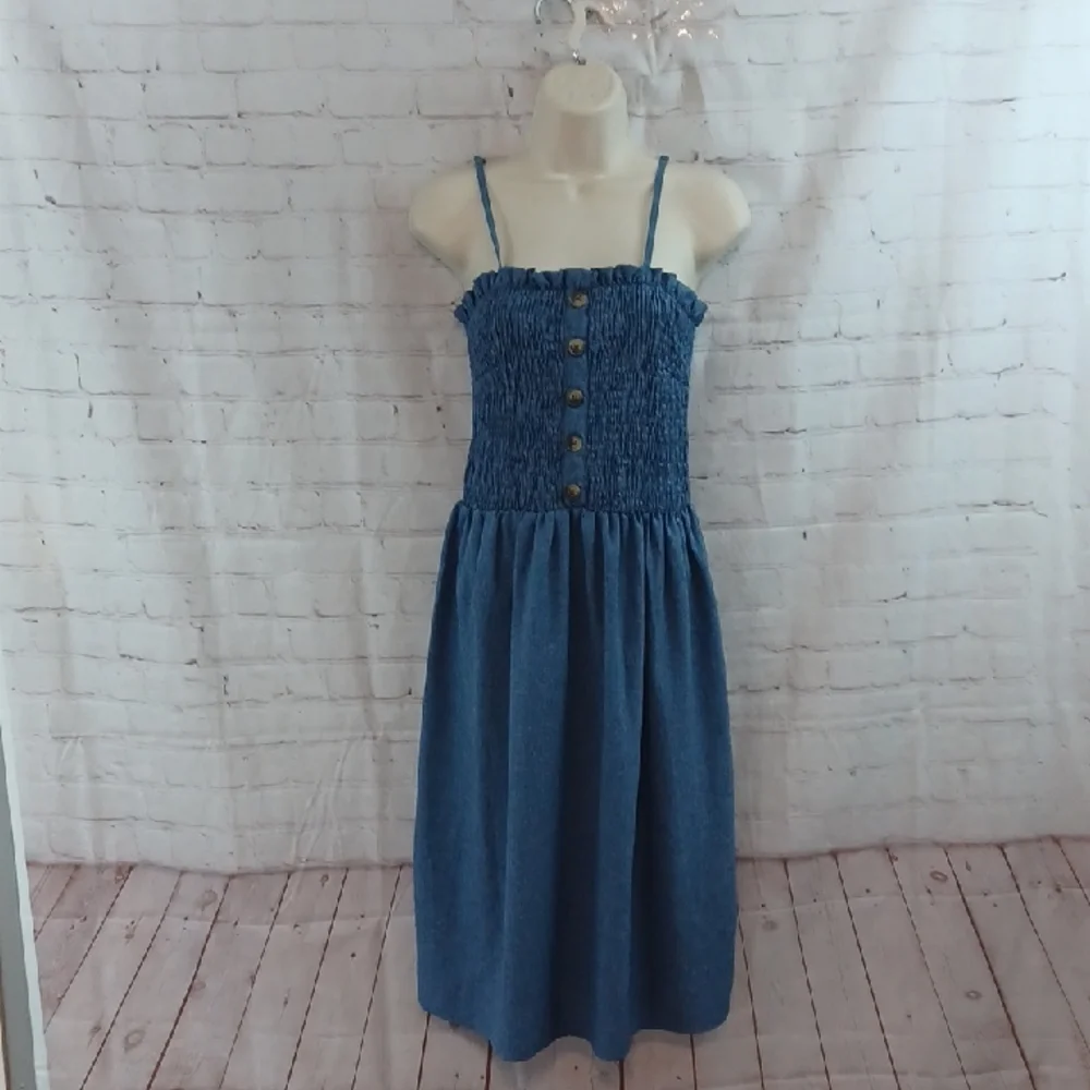 love by chesley chambray prairie smocked sundress button front spaghetti strap l - Picture 3 of 14
